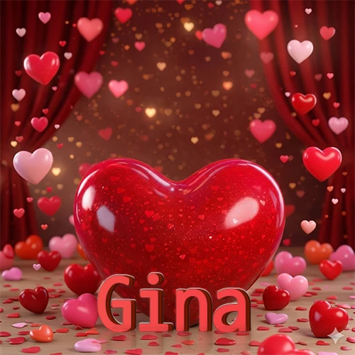 Un enorme y brillante corazón rojo en el centro del escenario bajo luces tenues y cortinas rojas, rodeado de decenas de pequeños corazones voladores que llenan de romance el lugar. El nombre Gina está escrito en el diseño.