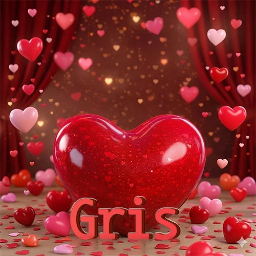 Un enorme y brillante corazón rojo en el centro del escenario bajo luces tenues y cortinas rojas, rodeado de decenas de pequeños corazones voladores que llenan de romance el lugar. El nombre Gris está escrito en el diseño.
