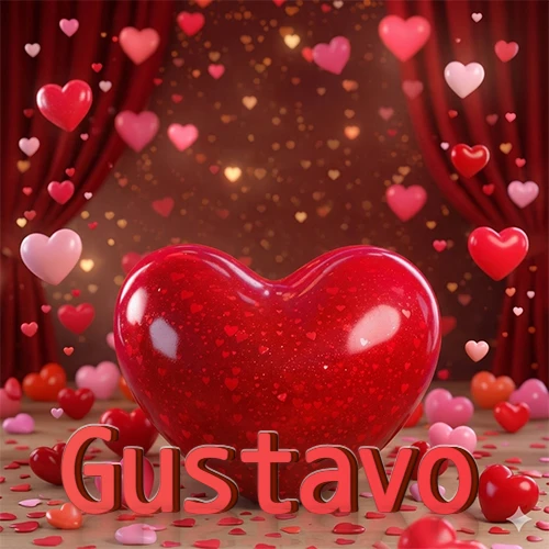 Un enorme y brillante corazón rojo en el centro del escenario bajo luces tenues y cortinas rojas, rodeado de decenas de pequeños corazones voladores que llenan de romance el lugar. El nombre Gustavo está escrito en el diseño.