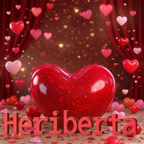 Un enorme y brillante corazón rojo en el centro del escenario bajo luces tenues y cortinas rojas, rodeado de decenas de pequeños corazones voladores que llenan de romance el lugar. El nombre Heriberta está escrito en el diseño.