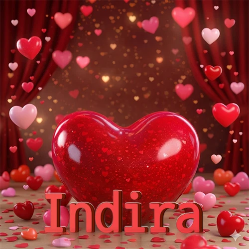 Un enorme y brillante corazón rojo en el centro del escenario bajo luces tenues y cortinas rojas, rodeado de decenas de pequeños corazones voladores que llenan de romance el lugar. El nombre Indira está escrito en el diseño.