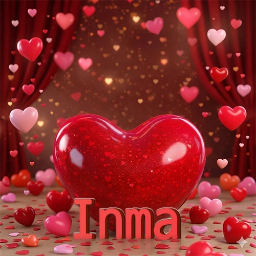 Un enorme y brillante corazón rojo en el centro del escenario bajo luces tenues y cortinas rojas, rodeado de decenas de pequeños corazones voladores que llenan de romance el lugar. El nombre Inma está escrito en el diseño.