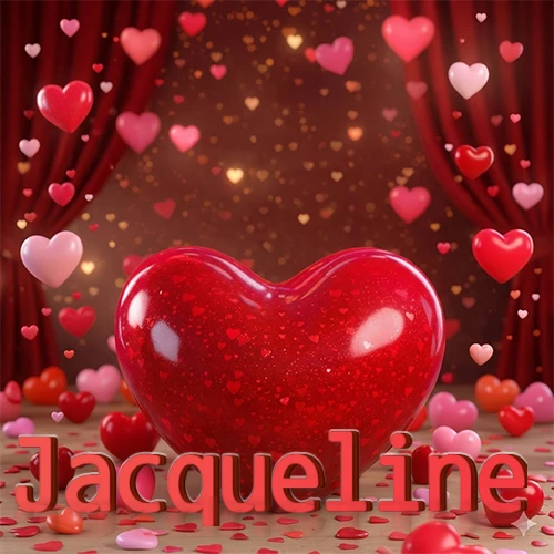 Un enorme y brillante corazón rojo en el centro del escenario bajo luces tenues y cortinas rojas, rodeado de decenas de pequeños corazones voladores que llenan de romance el lugar. El nombre Jacqueline está escrito en el diseño.