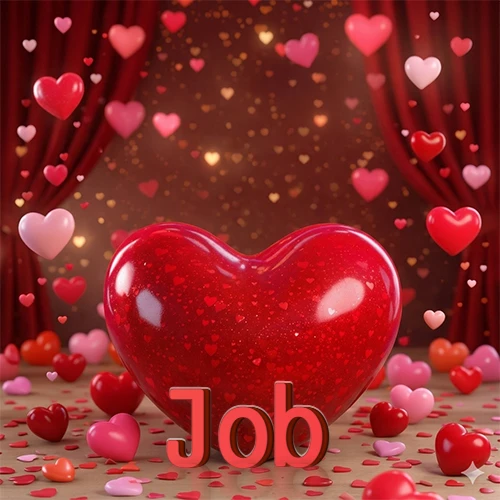 Un enorme y brillante corazón rojo en el centro del escenario bajo luces tenues y cortinas rojas, rodeado de decenas de pequeños corazones voladores que llenan de romance el lugar. El nombre Job está escrito en el diseño.
