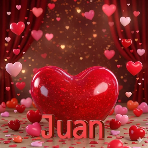 Un enorme y brillante corazón rojo en el centro del escenario bajo luces tenues y cortinas rojas, rodeado de decenas de pequeños corazones voladores que llenan de romance el lugar. El nombre Juan está escrito en el diseño.