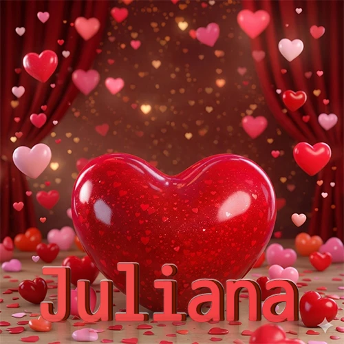 Un enorme y brillante corazón rojo en el centro del escenario bajo luces tenues y cortinas rojas, rodeado de decenas de pequeños corazones voladores que llenan de romance el lugar. El nombre Juliana está escrito en el diseño.