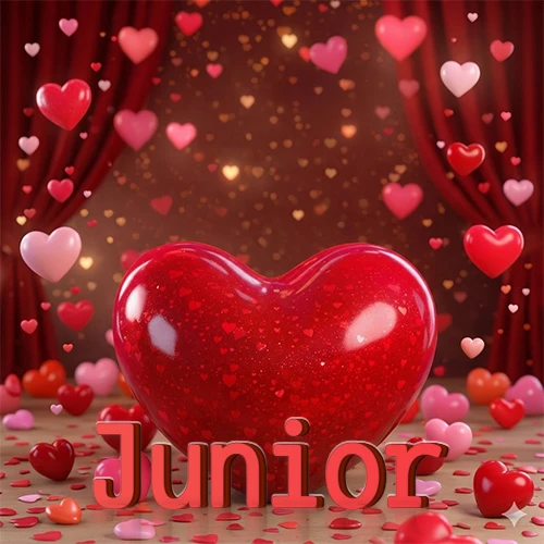 Un enorme y brillante corazón rojo en el centro del escenario bajo luces tenues y cortinas rojas, rodeado de decenas de pequeños corazones voladores que llenan de romance el lugar. El nombre Junior está escrito en el diseño.