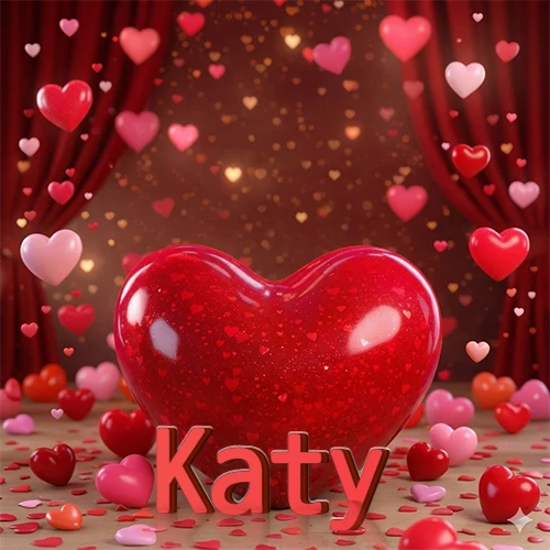 Un enorme y brillante corazón rojo en el centro del escenario bajo luces tenues y cortinas rojas, rodeado de decenas de pequeños corazones voladores que llenan de romance el lugar. El nombre Katy está escrito en el diseño.