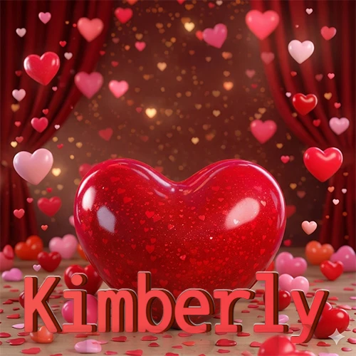 Un enorme y brillante corazón rojo en el centro del escenario bajo luces tenues y cortinas rojas, rodeado de decenas de pequeños corazones voladores que llenan de romance el lugar. El nombre Kimberly está escrito en el diseño.