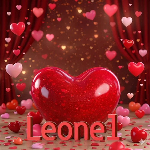 Un enorme y brillante corazón rojo en el centro del escenario bajo luces tenues y cortinas rojas, rodeado de decenas de pequeños corazones voladores que llenan de romance el lugar. El nombre Leonel está escrito en el diseño.