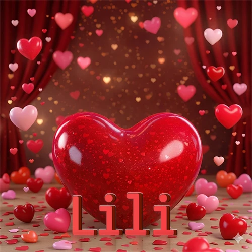 Un enorme y brillante corazón rojo en el centro del escenario bajo luces tenues y cortinas rojas, rodeado de decenas de pequeños corazones voladores que llenan de romance el lugar. El nombre Lili está escrito en el diseño.