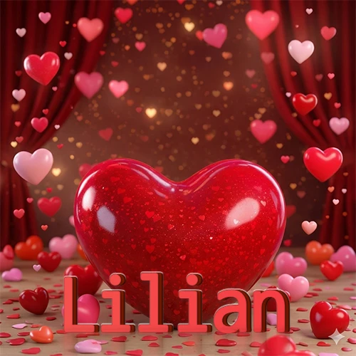 Un enorme y brillante corazón rojo en el centro del escenario bajo luces tenues y cortinas rojas, rodeado de decenas de pequeños corazones voladores que llenan de romance el lugar. El nombre Lilian está escrito en el diseño.