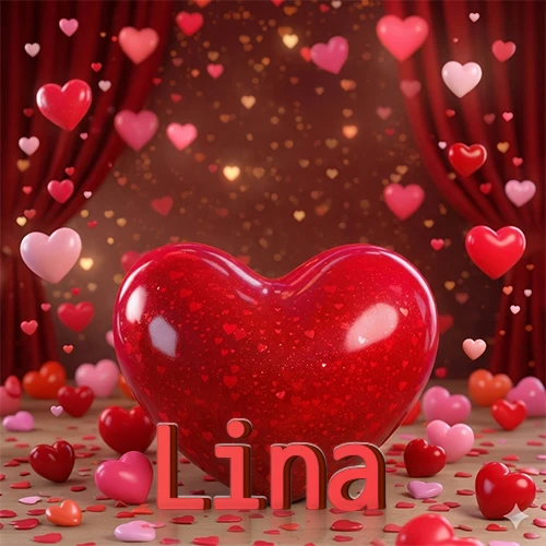 Un enorme y brillante corazón rojo en el centro del escenario bajo luces tenues y cortinas rojas, rodeado de decenas de pequeños corazones voladores que llenan de romance el lugar. El nombre Lina está escrito en el diseño.
