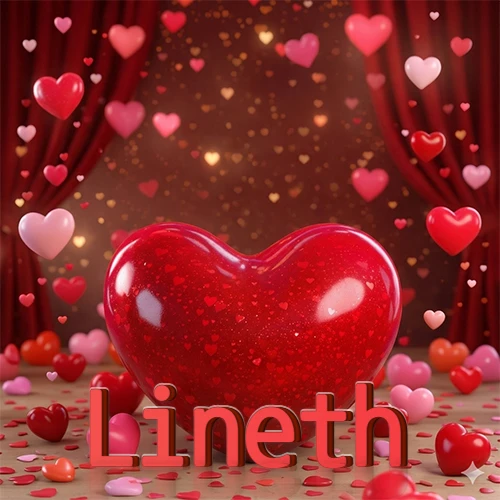 Un enorme y brillante corazón rojo en el centro del escenario bajo luces tenues y cortinas rojas, rodeado de decenas de pequeños corazones voladores que llenan de romance el lugar. El nombre Lineth está escrito en el diseño.