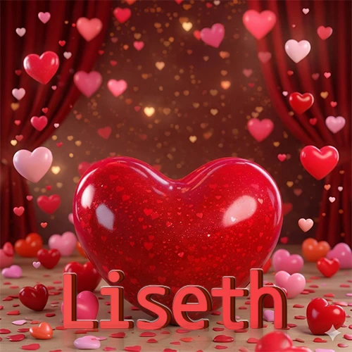Un enorme y brillante corazón rojo en el centro del escenario bajo luces tenues y cortinas rojas, rodeado de decenas de pequeños corazones voladores que llenan de romance el lugar. El nombre Liseth está escrito en el diseño.