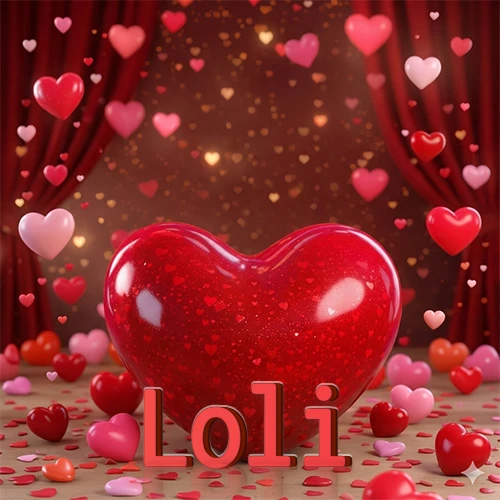 Un enorme y brillante corazón rojo en el centro del escenario bajo luces tenues y cortinas rojas, rodeado de decenas de pequeños corazones voladores que llenan de romance el lugar. El nombre Loli está escrito en el diseño.