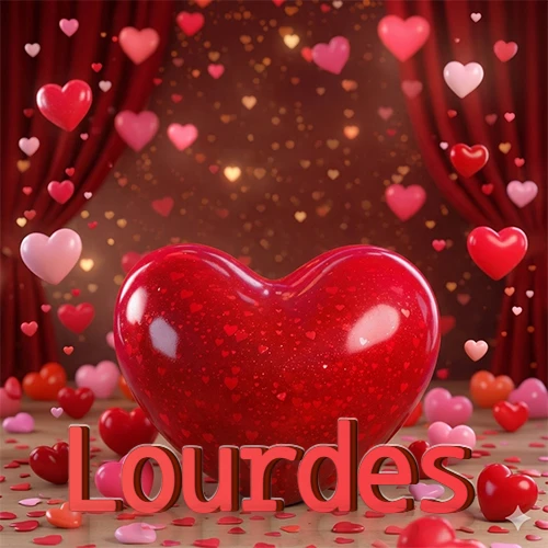 Un enorme y brillante corazón rojo en el centro del escenario bajo luces tenues y cortinas rojas, rodeado de decenas de pequeños corazones voladores que llenan de romance el lugar. El nombre Lourdes está escrito en el diseño.