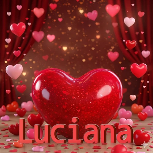 Un enorme y brillante corazón rojo en el centro del escenario bajo luces tenues y cortinas rojas, rodeado de decenas de pequeños corazones voladores que llenan de romance el lugar. El nombre Luciana está escrito en el diseño.