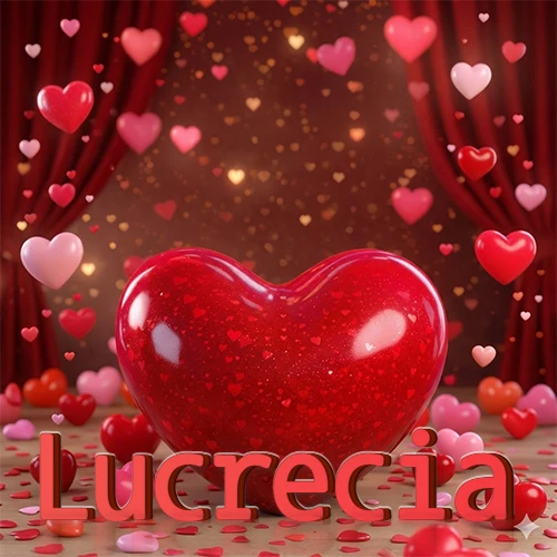 Un enorme y brillante corazón rojo en el centro del escenario bajo luces tenues y cortinas rojas, rodeado de decenas de pequeños corazones voladores que llenan de romance el lugar. El nombre Lucrecia está escrito en el diseño.