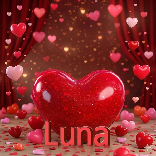 Un enorme y brillante corazón rojo en el centro del escenario bajo luces tenues y cortinas rojas, rodeado de decenas de pequeños corazones voladores que llenan de romance el lugar. El nombre Luna está escrito en el diseño.