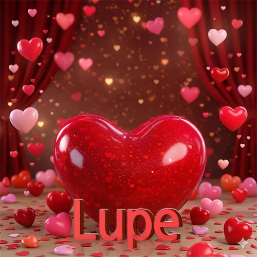 Un enorme y brillante corazón rojo en el centro del escenario bajo luces tenues y cortinas rojas, rodeado de decenas de pequeños corazones voladores que llenan de romance el lugar. El nombre Lupe está escrito en el diseño.