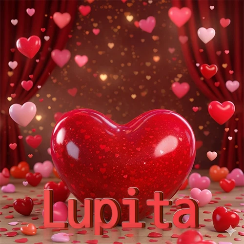 Un enorme y brillante corazón rojo en el centro del escenario bajo luces tenues y cortinas rojas, rodeado de decenas de pequeños corazones voladores que llenan de romance el lugar. El nombre Lupita está escrito en el diseño.