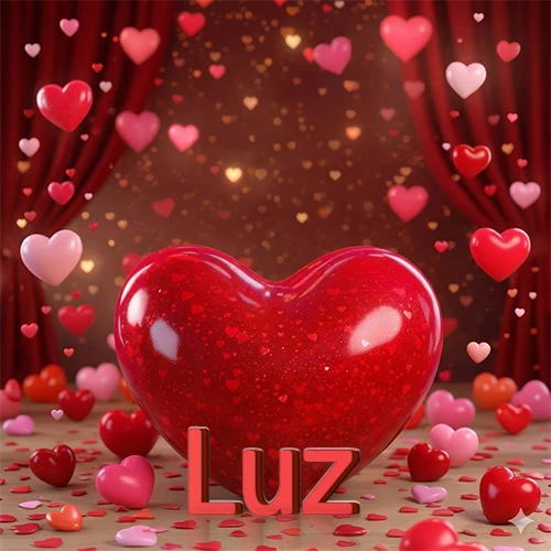 Un enorme y brillante corazón rojo en el centro del escenario bajo luces tenues y cortinas rojas, rodeado de decenas de pequeños corazones voladores que llenan de romance el lugar. El nombre Luz está escrito en el diseño.