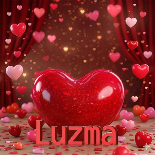 Un enorme y brillante corazón rojo en el centro del escenario bajo luces tenues y cortinas rojas, rodeado de decenas de pequeños corazones voladores que llenan de romance el lugar. El nombre Luzma está escrito en el diseño.