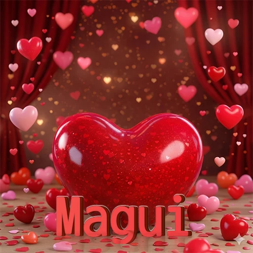 Un enorme y brillante corazón rojo en el centro del escenario bajo luces tenues y cortinas rojas, rodeado de decenas de pequeños corazones voladores que llenan de romance el lugar. El nombre Magui está escrito en el diseño.