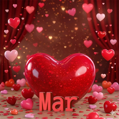 Un enorme y brillante corazón rojo en el centro del escenario bajo luces tenues y cortinas rojas, rodeado de decenas de pequeños corazones voladores que llenan de romance el lugar. El nombre Mar está escrito en el diseño.