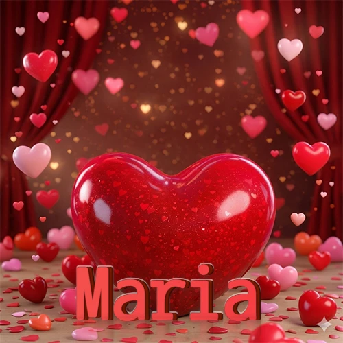 Un enorme y brillante corazón rojo en el centro del escenario bajo luces tenues y cortinas rojas, rodeado de decenas de pequeños corazones voladores que llenan de romance el lugar. El nombre Maria está escrito en el diseño.