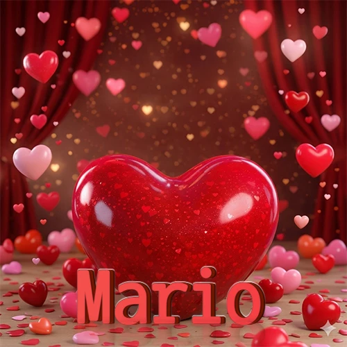 Un enorme y brillante corazón rojo en el centro del escenario bajo luces tenues y cortinas rojas, rodeado de decenas de pequeños corazones voladores que llenan de romance el lugar. El nombre Mario está escrito en el diseño.