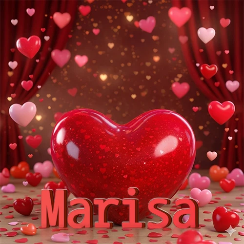 Un enorme y brillante corazón rojo en el centro del escenario bajo luces tenues y cortinas rojas, rodeado de decenas de pequeños corazones voladores que llenan de romance el lugar. El nombre Marisa está escrito en el diseño.
