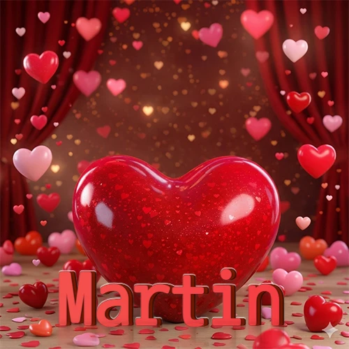 Un enorme y brillante corazón rojo en el centro del escenario bajo luces tenues y cortinas rojas, rodeado de decenas de pequeños corazones voladores que llenan de romance el lugar. El nombre Martin está escrito en el diseño.