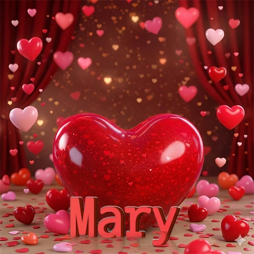 Un enorme y brillante corazón rojo en el centro del escenario bajo luces tenues y cortinas rojas, rodeado de decenas de pequeños corazones voladores que llenan de romance el lugar. El nombre Mary está escrito en el diseño.