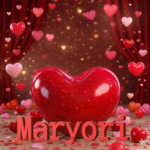 Un enorme y brillante corazón rojo en el centro del escenario bajo luces tenues y cortinas rojas, rodeado de decenas de pequeños corazones voladores que llenan de romance el lugar. El nombre Maryori está escrito en el diseño.