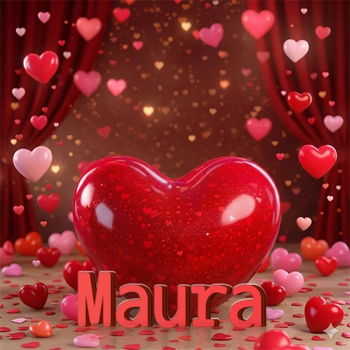 Un enorme y brillante corazón rojo en el centro del escenario bajo luces tenues y cortinas rojas, rodeado de decenas de pequeños corazones voladores que llenan de romance el lugar. El nombre Maura está escrito en el diseño.