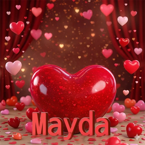 Un enorme y brillante corazón rojo en el centro del escenario bajo luces tenues y cortinas rojas, rodeado de decenas de pequeños corazones voladores que llenan de romance el lugar. El nombre Mayda está escrito en el diseño.