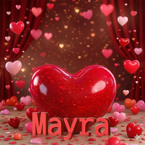 Un enorme y brillante corazón rojo en el centro del escenario bajo luces tenues y cortinas rojas, rodeado de decenas de pequeños corazones voladores que llenan de romance el lugar. El nombre Mayra está escrito en el diseño.