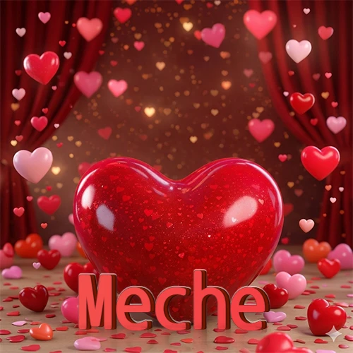 Un enorme y brillante corazón rojo en el centro del escenario bajo luces tenues y cortinas rojas, rodeado de decenas de pequeños corazones voladores que llenan de romance el lugar. El nombre Meche está escrito en el diseño.