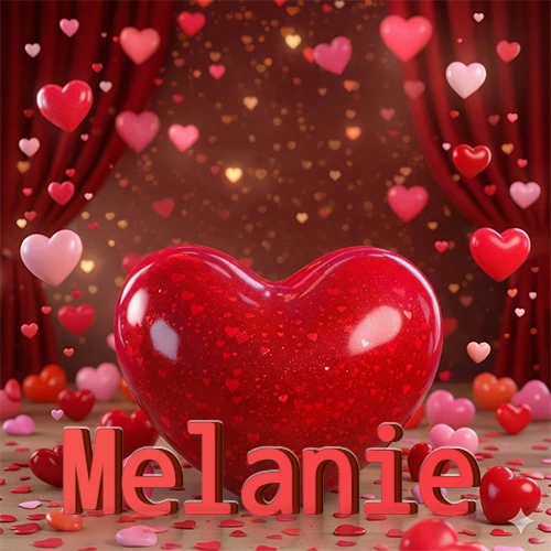 Un enorme y brillante corazón rojo en el centro del escenario bajo luces tenues y cortinas rojas, rodeado de decenas de pequeños corazones voladores que llenan de romance el lugar. El nombre Melanie está escrito en el diseño.