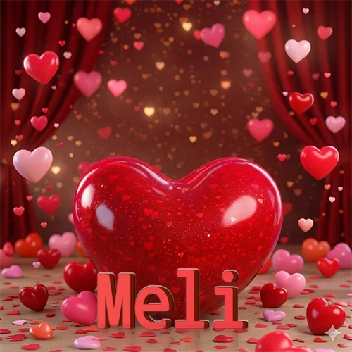 Un enorme y brillante corazón rojo en el centro del escenario bajo luces tenues y cortinas rojas, rodeado de decenas de pequeños corazones voladores que llenan de romance el lugar. El nombre Meli está escrito en el diseño.
