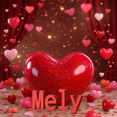 Un enorme y brillante corazón rojo en el centro del escenario bajo luces tenues y cortinas rojas, rodeado de decenas de pequeños corazones voladores que llenan de romance el lugar. El nombre Mely está escrito en el diseño.