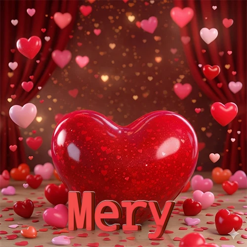 Un enorme y brillante corazón rojo en el centro del escenario bajo luces tenues y cortinas rojas, rodeado de decenas de pequeños corazones voladores que llenan de romance el lugar. El nombre Mery está escrito en el diseño. Un enorme y brillante corazón rojo en el centro del escenario bajo luces tenues y cortinas rojas, rodeado de decenas de pequeños corazones voladores que llenan de romance el lugar. El nombre Mery está escrito en el diseño.