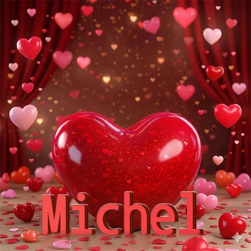Un enorme y brillante corazón rojo en el centro del escenario bajo luces tenues y cortinas rojas, rodeado de decenas de pequeños corazones voladores que llenan de romance el lugar. El nombre Michel está escrito en el diseño. Un enorme y brillante corazón rojo en el centro del escenario bajo luces tenues y cortinas rojas, rodeado de decenas de pequeños corazones voladores que llenan de romance el lugar. El nombre Michel está escrito en el diseño.