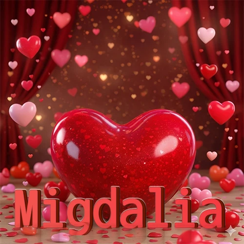 Un enorme y brillante corazón rojo en el centro del escenario bajo luces tenues y cortinas rojas, rodeado de decenas de pequeños corazones voladores que llenan de romance el lugar. El nombre Migdalia está escrito en el diseño.