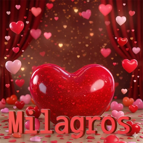 Un enorme y brillante corazón rojo en el centro del escenario bajo luces tenues y cortinas rojas, rodeado de decenas de pequeños corazones voladores que llenan de romance el lugar. El nombre Milagros está escrito en el diseño.