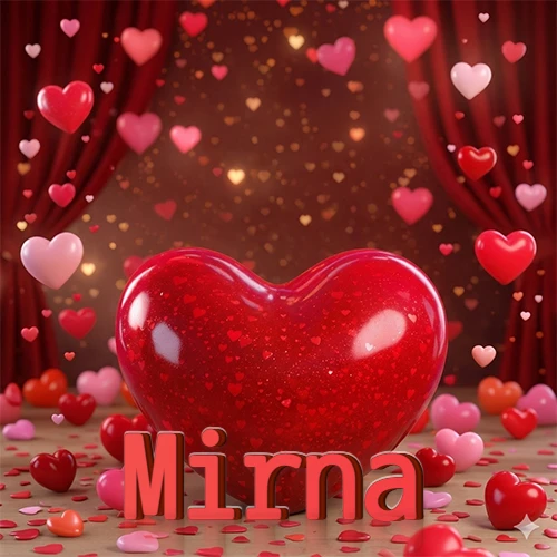 Un enorme y brillante corazón rojo en el centro del escenario bajo luces tenues y cortinas rojas, rodeado de decenas de pequeños corazones voladores que llenan de romance el lugar. El nombre Mirna está escrito en el diseño.