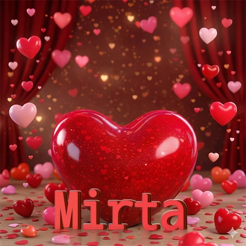Un enorme y brillante corazón rojo en el centro del escenario bajo luces tenues y cortinas rojas, rodeado de decenas de pequeños corazones voladores que llenan de romance el lugar. El nombre Mirta está escrito en el diseño.