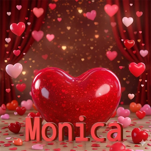 Un enorme y brillante corazón rojo en el centro del escenario bajo luces tenues y cortinas rojas, rodeado de decenas de pequeños corazones voladores que llenan de romance el lugar. El nombre Monica está escrito en el diseño.